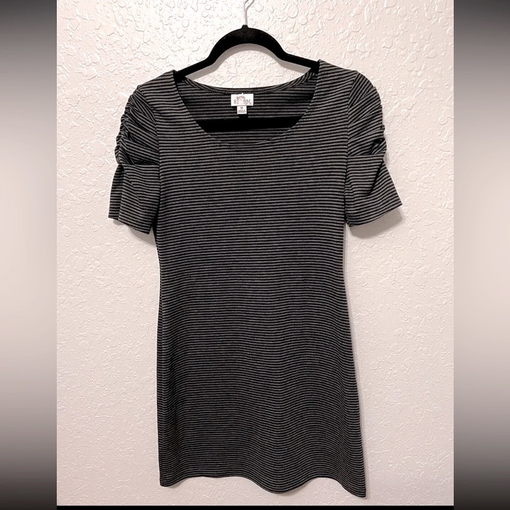 Sweet Storm Striped 3/4 Ruched Sleeve Dress Mini Black Tunic Juniors Womens Sz M